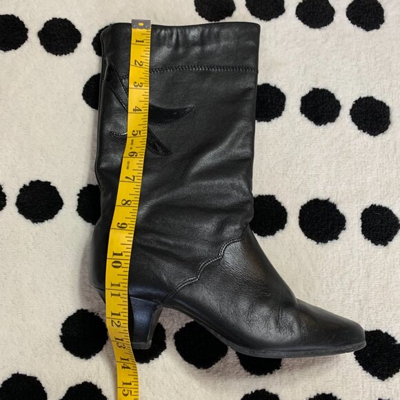 Vintage 80s Black Leather Retro Boots Black 7 Mid Calf Mid Low Kitten Cone Heel - Picture 12 of 16